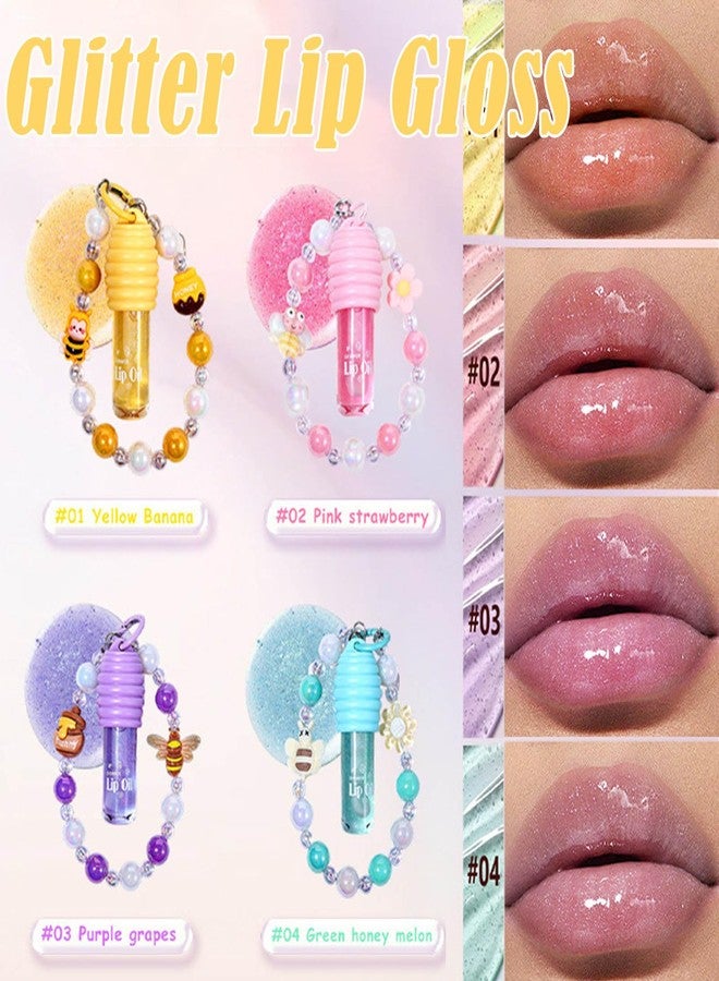 KTouler 2Pcs Glitter Lip Gloss with Keychain and Beaded Phone Wrist Strap,Cute Clear Pink Honey Lip Gloss Set for Girls,Hydrating Fruit Flavored Tinted Girls Lip Oil Stain Long Lasting With Box Gifts - Image 4